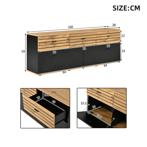 Móvel de TV 168 cm de mdf com 2 portas e 3 gavetas,preto+madeira Móvel de TV 168 cm de mdf com 2 portas e 3 gavetas,preto+madeira