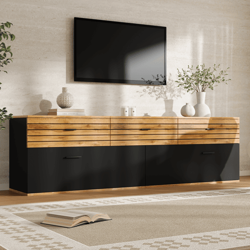 Móvel de TV 168 cm de mdf com 2 portas e 3 gavetas,preto+madeira Móvel de TV 168 cm de mdf com 2 portas e 3 gavetas,preto+madeira