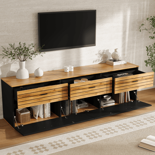Móvel de TV 168 cm de mdf com 2 portas e 3 gavetas,preto+madeira Móvel de TV 168 cm de mdf com 2 portas e 3 gavetas,preto+madeira