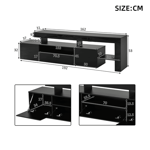 Móvel de TV 192 cm de painel de partículas com 3 portas e luz led,preto