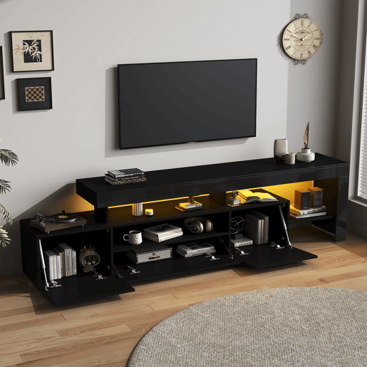 Móvel de TV 192 cm de painel de partículas com 3 portas e luz led,preto