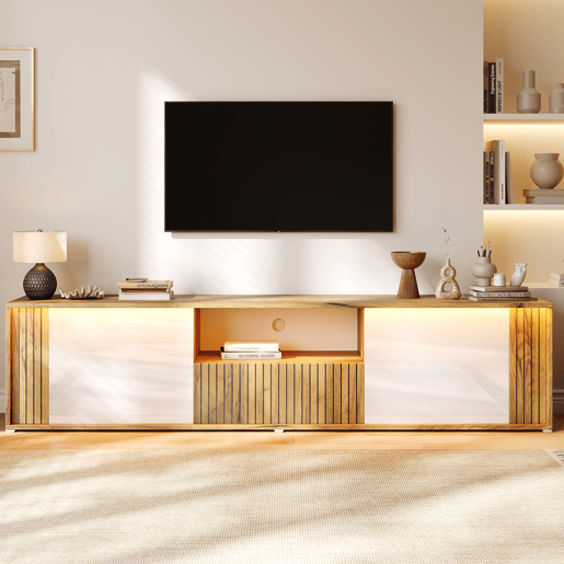 Móvel de TV 180 cm de mdf com 2 portas,1 gaveta e luz led,madeira+branco Móvel de TV 180 cm de mdf com 2 portas,1 gaveta e luz led,madeira+branco
