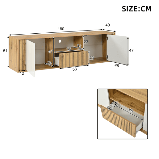 Móvel de TV 180 cm de mdf com 2 portas,1 gaveta e luz led,madeira+branco Móvel de TV 180 cm de mdf com 2 portas,1 gaveta e luz led,madeira+branco