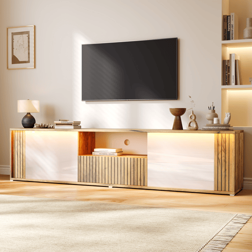 Móvel de TV 180 cm de mdf com 2 portas,1 gaveta e luz led,madeira+branco Móvel de TV 180 cm de mdf com 2 portas,1 gaveta e luz led,madeira+branco