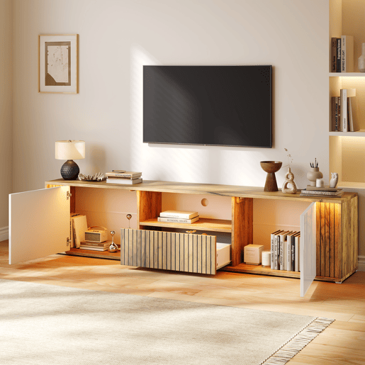 Móvel de TV 180 cm de mdf com 2 portas,1 gaveta e luz led,madeira+branco Móvel de TV 180 cm de mdf com 2 portas,1 gaveta e luz led,madeira+branco