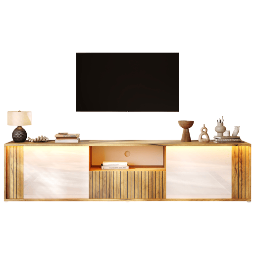 Móvel de TV 180 cm de mdf com 2 portas,1 gaveta e luz led,madeira+branco Móvel de TV 180 cm de mdf com 2 portas,1 gaveta e luz led,madeira+branco