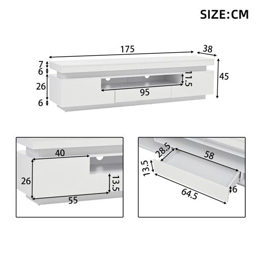 Móvel de TV 175 cm de painel de partículas com 2 portas,1 gaveta e luz led,branco