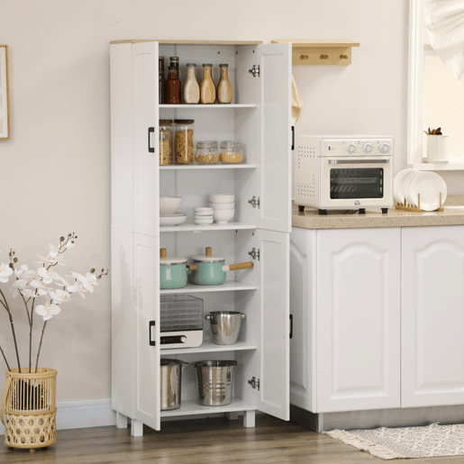 Armário de cozinha multifuncional com 4 portas e prateleiras ajustáveis, 60x30x171 cm, branco Armário de cozinha multifuncional com 4 portas e prateleiras ajustáveis, 60x30x171 cm, branco