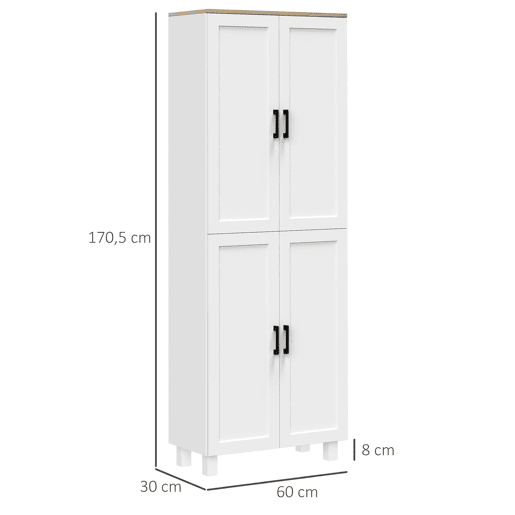 Armário de cozinha multifuncional com 4 portas e prateleiras ajustáveis, 60x30x171 cm, branco Armário de cozinha multifuncional com 4 portas e prateleiras ajustáveis, 60x30x171 cm, branco