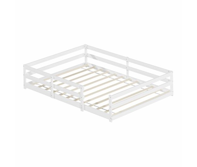 Cama infantil montessori 140x200 cm - con barandilla de 4 lados, sin somier necesario, madera de pino, fácil montaje - blanco