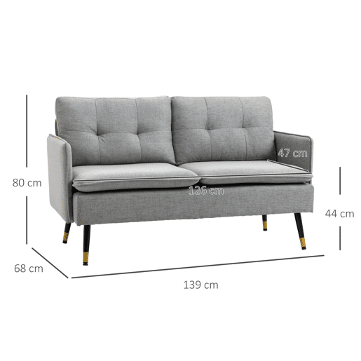Sofá moderno de 2 lugares para sala de estar com 4 almofadas, apoios de braço e pés de aço, capacidade de carga de 240 kg, 139x68x80 cm, cinza