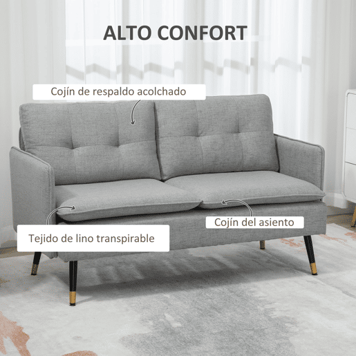 Sofá moderno de 2 lugares para sala de estar com 4 almofadas, apoios de braço e pés de aço, capacidade de carga de 240 kg, 139x68x80 cm, cinza