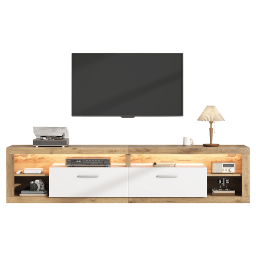 Móvel de TV 180 cm de painel de partículas com 2 portas e luz led,madeira+branco Móvel de TV 180 cm de painel de partículas com 2 portas e luz led,madeira+branco
