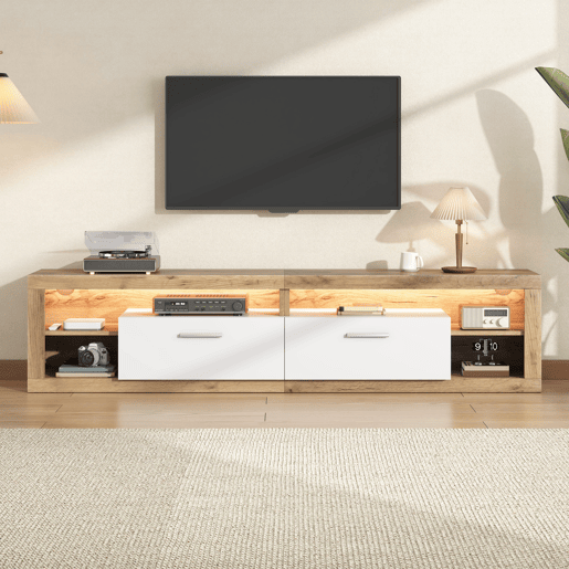 Móvel de TV 180 cm de painel de partículas com 2 portas e luz led,madeira+branco Móvel de TV 180 cm de painel de partículas com 2 portas e luz led,madeira+branco