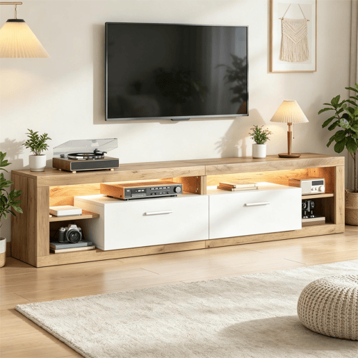 Móvel de TV 180 cm de painel de partículas com 2 portas e luz led,madeira+branco Móvel de TV 180 cm de painel de partículas com 2 portas e luz led,madeira+branco