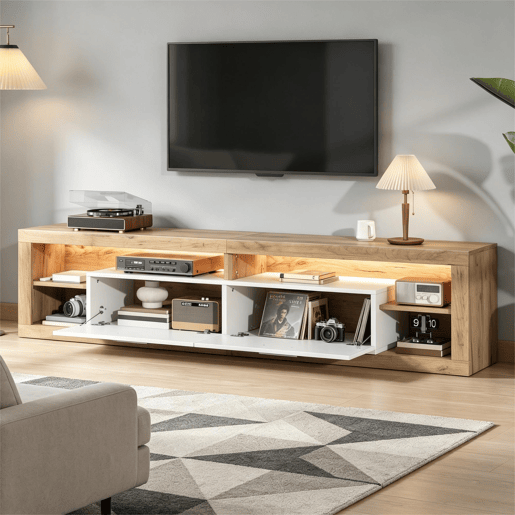 Móvel de TV 180 cm de painel de partículas com 2 portas e luz led,madeira+branco Móvel de TV 180 cm de painel de partículas com 2 portas e luz led,madeira+branco