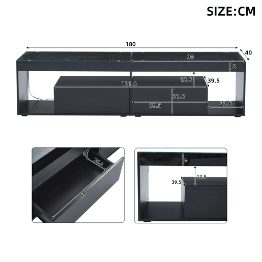 Móvel de TV 180 cm de painel de partículas com 2 gavetas e luz led,preto