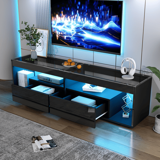 Móvel de TV 180 cm de painel de partículas com 2 gavetas e luz led,preto