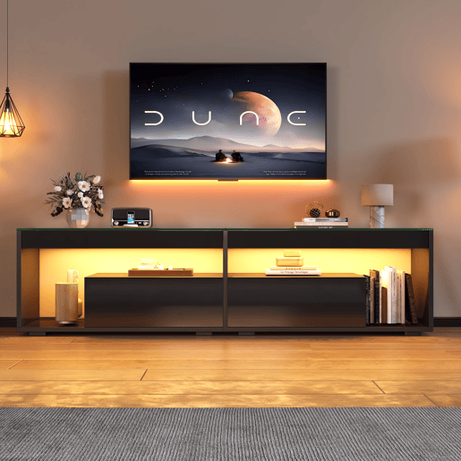 Móvel de TV 180 cm de painel de partículas com 2 gavetas e luz led,preto