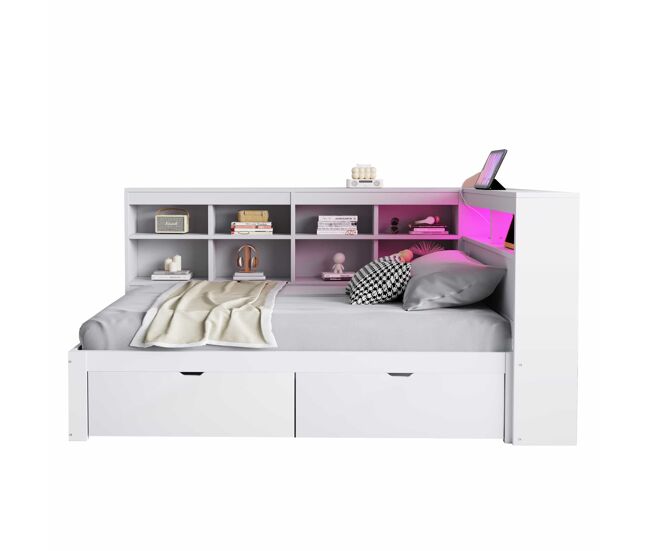 Sofá cama 90x200 cm - con almacenamiento, cama con usb y enchufe, con estantes y bandejas, mucha capacidad, cama multifuncional de madera - blanco