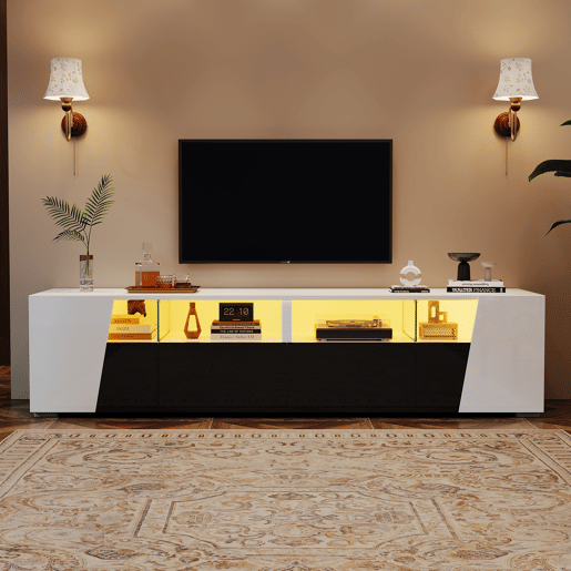 Móvel de TV 180 cm de mdf com 2 portas,2 gavetas e luz led,branco+preto