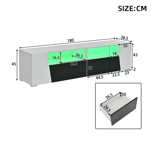 Móvel de TV 180 cm de mdf com 2 portas,2 gavetas e luz led,branco+preto