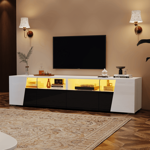 Móvel de TV 180 cm de mdf com 2 portas,2 gavetas e luz led,branco+preto