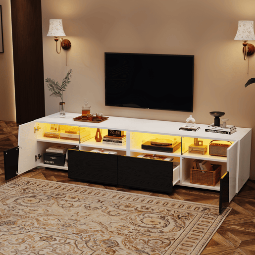 Móvel de TV 180 cm de mdf com 2 portas,2 gavetas e luz led,branco+preto