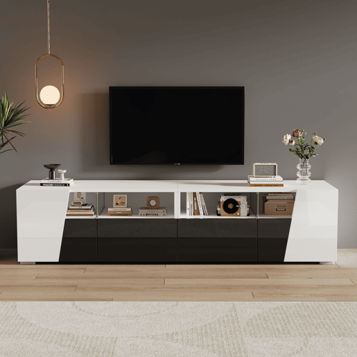 Móvel de TV 180 cm de mdf com 2 portas,2 gavetas e luz led,branco+preto