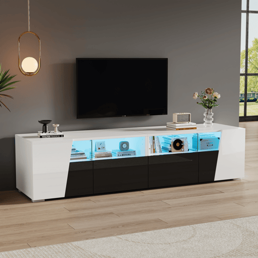 Móvel de TV 180 cm de mdf com 2 portas,2 gavetas e luz led,branco+preto