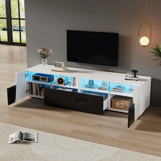 Móvel de TV 180 cm de mdf com 2 portas,2 gavetas e luz led,branco+preto