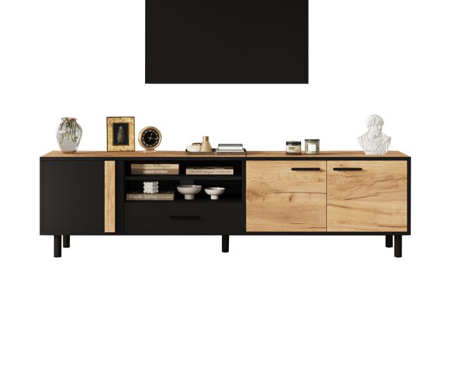Mueble tv 180 cm de panel de partículas con 3 puertas y 1 cajón,madera+negro