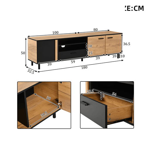 Móvel de TV 180 cm de painel de partículas com 3 portas e 1 gaveta,madeira+preto