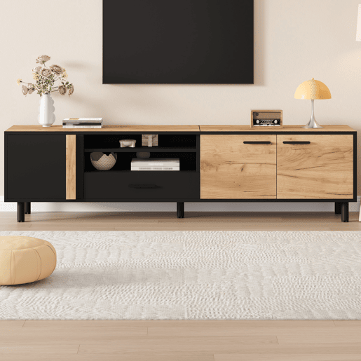Móvel de TV 180 cm de painel de partículas com 3 portas e 1 gaveta,madeira+preto