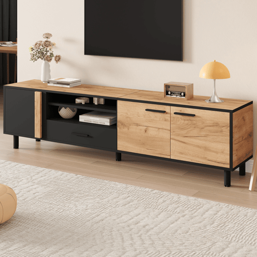 Móvel de TV 180 cm de painel de partículas com 3 portas e 1 gaveta,madeira+preto
