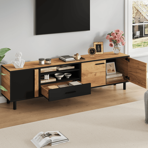 Móvel de TV 180 cm de painel de partículas com 3 portas e 1 gaveta,madeira+preto