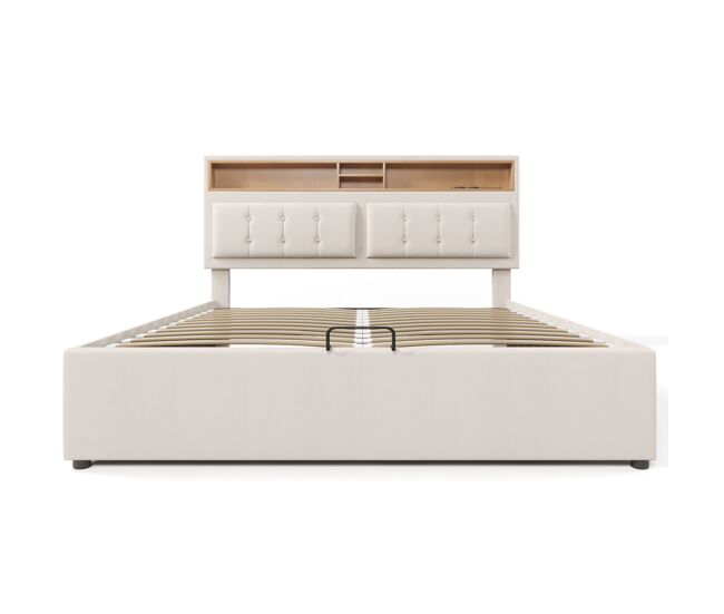 Cama contenedor 140x200 cm en tejido de lino - cabecero ajustable con enchufes - con somier - beige