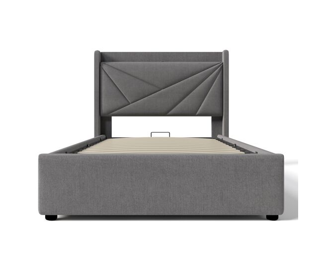 Cama contenedor de tela de lino 90x200 cm - con puerto usb y somier - gris