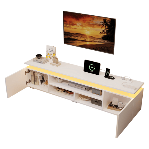 Móvel de TV 180 cm de mdf com 2 portas e luz led,branco Móvel de TV 180 cm de mdf com 2 portas e luz led,branco