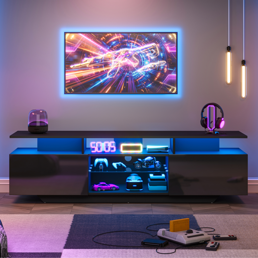 Móvel de TV 160 cm de mdf com 2 portas e luz led,preto Móvel de TV 160 cm de mdf com 2 portas e luz led,preto