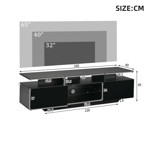 Móvel de TV 160 cm de mdf com 2 portas e luz led,preto Móvel de TV 160 cm de mdf com 2 portas e luz led,preto