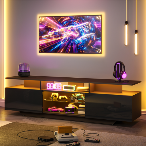 Móvel de TV 160 cm de mdf com 2 portas e luz led,preto Móvel de TV 160 cm de mdf com 2 portas e luz led,preto