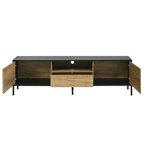 Móvel de TV 170 cm de painel de partículas com 2 portas e 1 gaveta,preto+madeira Móvel de TV 170 cm de painel de partículas com 2 portas e 1 gaveta,preto+madeira
