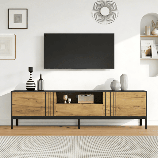 Móvel de TV 170 cm de painel de partículas com 2 portas e 1 gaveta,preto+madeira Móvel de TV 170 cm de painel de partículas com 2 portas e 1 gaveta,preto+madeira