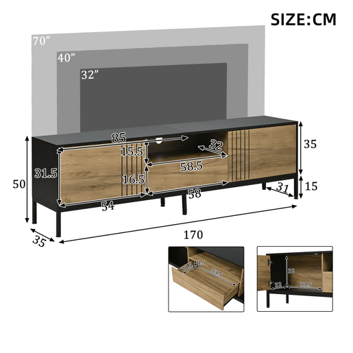 Móvel de TV 170 cm de painel de partículas com 2 portas e 1 gaveta,preto+madeira Móvel de TV 170 cm de painel de partículas com 2 portas e 1 gaveta,preto+madeira