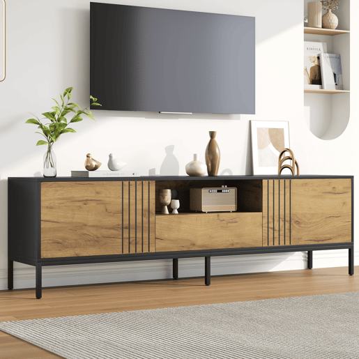 Móvel de TV 170 cm de painel de partículas com 2 portas e 1 gaveta,preto+madeira Móvel de TV 170 cm de painel de partículas com 2 portas e 1 gaveta,preto+madeira