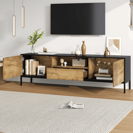 Móvel de TV 170 cm de painel de partículas com 2 portas e 1 gaveta,preto+madeira Móvel de TV 170 cm de painel de partículas com 2 portas e 1 gaveta,preto+madeira