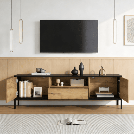 Móvel de TV 170 cm de painel de partículas com 2 portas e 1 gaveta,preto+madeira Móvel de TV 170 cm de painel de partículas com 2 portas e 1 gaveta,preto+madeira