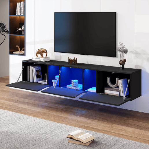 Móvel de TV de parede 180 cm de painel de partículas com 3 portas e luz led,preto Móvel de TV de parede 180 cm de painel de partículas com 3 portas e luz led,preto