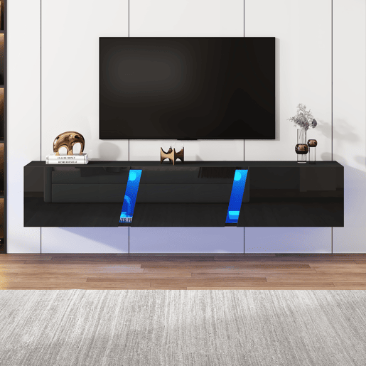 Móvel de TV de parede 180 cm de painel de partículas com 3 portas e luz led,preto Móvel de TV de parede 180 cm de painel de partículas com 3 portas e luz led,preto